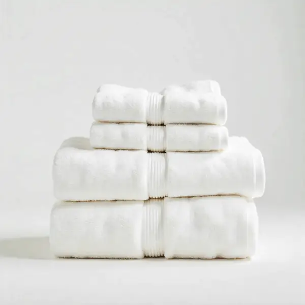 "Serviette de bain blanche pliée avec soin sur une surface propre, idéale pour pressing ou linge de maison haut de gamme"